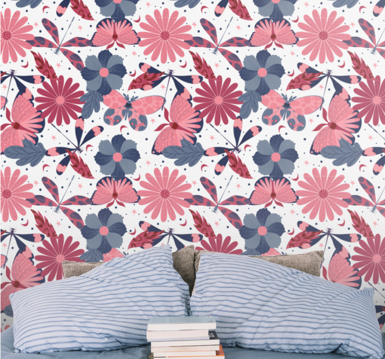 Pink butterfly pattern flowers wallpaper - TenStickers