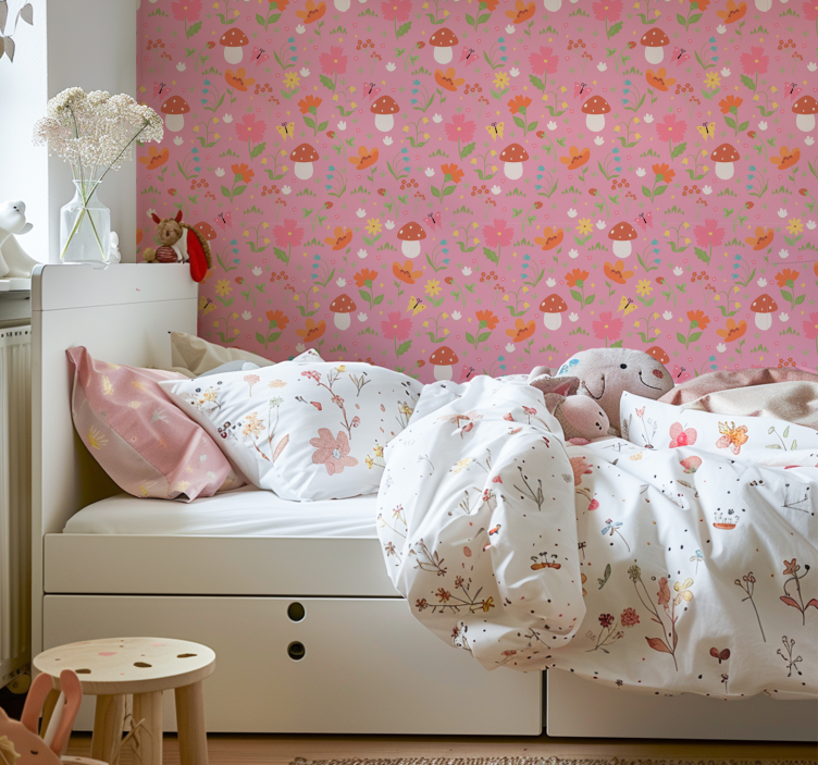 Floral Mushroom Pattern children's wallpaper - TenStickers