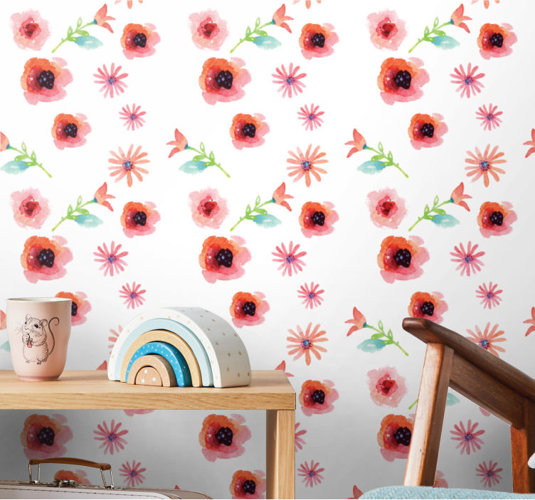 Simple pink floral pattern flowers wallpaper - TenStickers