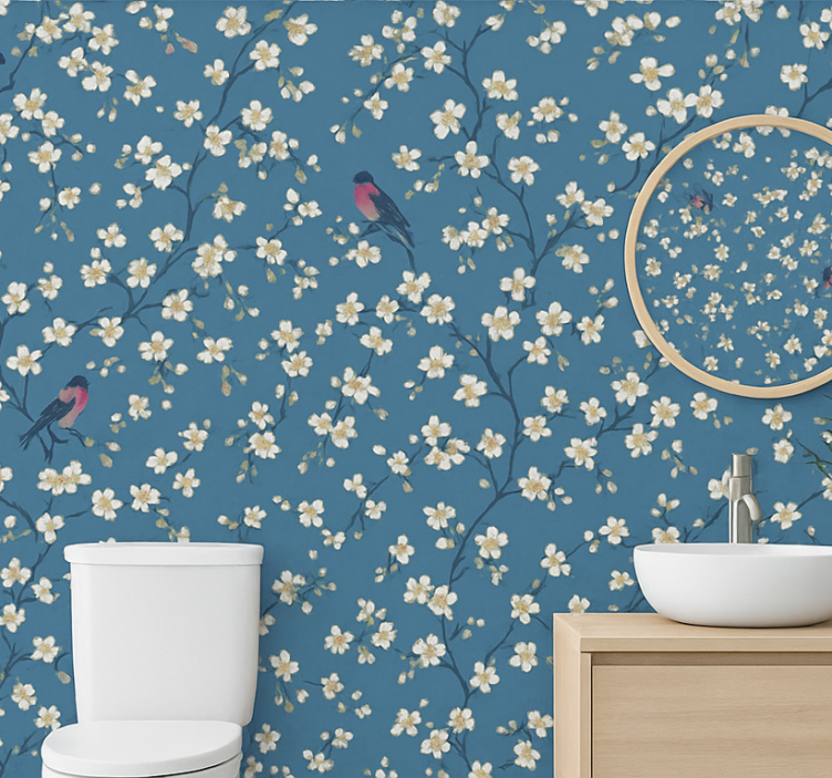 Flowers wallpaper blue orchard birds design - TenStickers