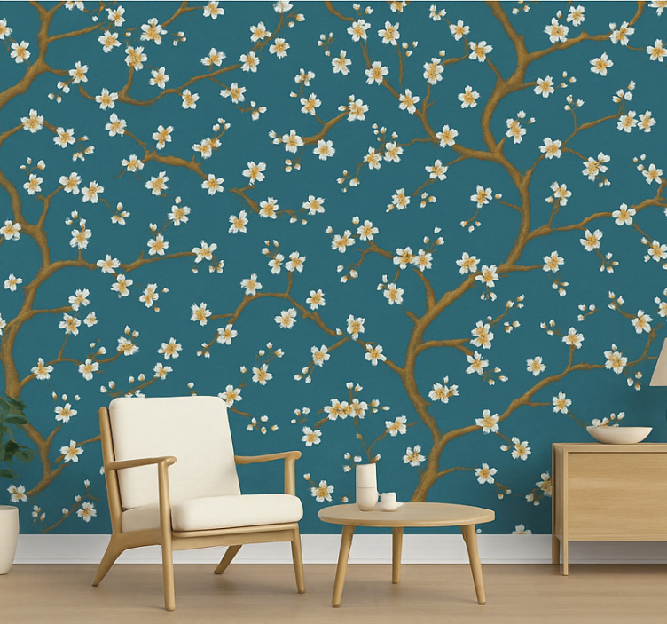 Flowers wallpaper golden blossom teal - TenStickers