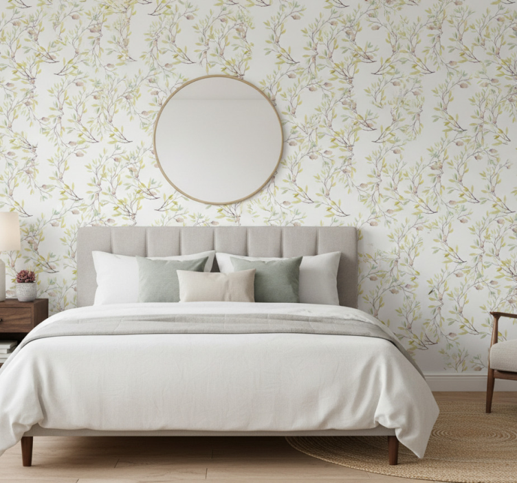 Flowers wallpaper original watercolor green leaves pattern - TenStickers