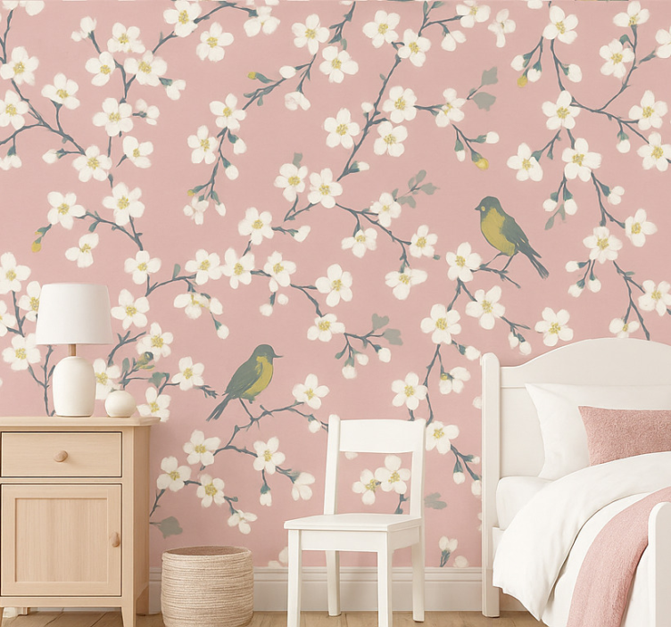Flowers wallpaper pink orchard birds - TenStickers