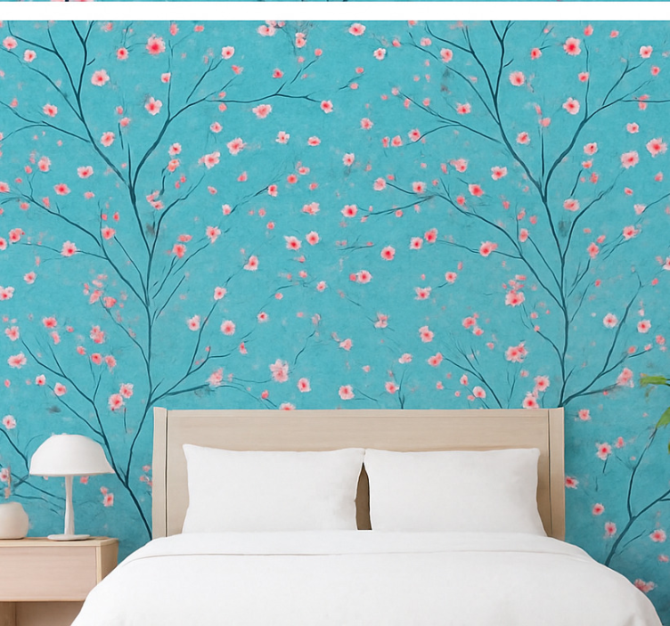 Flowers wallpaper teal cherry blossoms - TenStickers