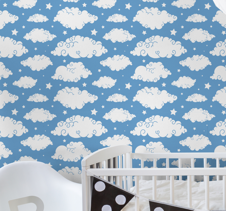 Blue design with clouds star wallpaper - TenStickers