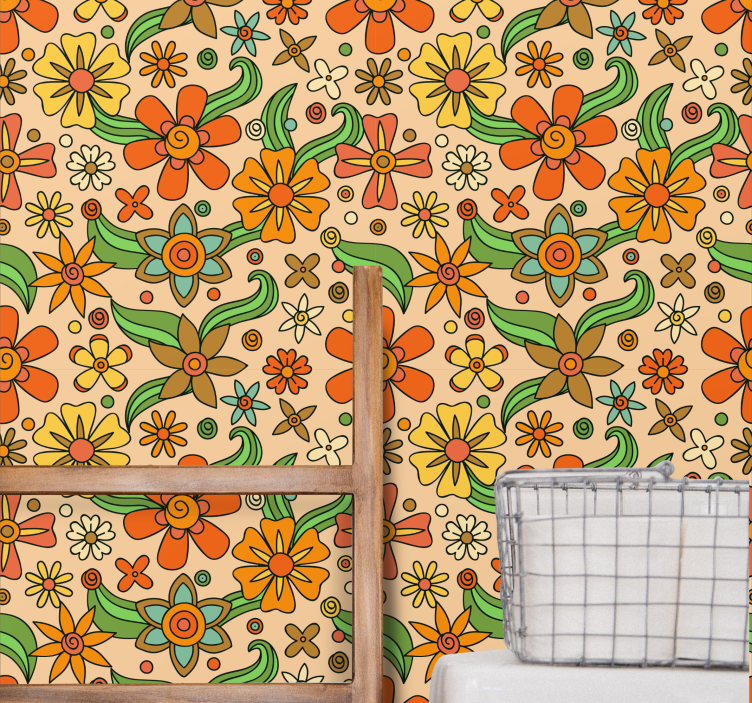 Golden and yellow 70's flowers wallpaper - TenStickers
