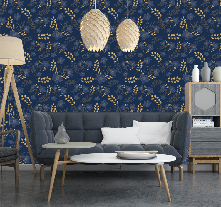 golden flowers pattern Navy wallpaper - TenStickers