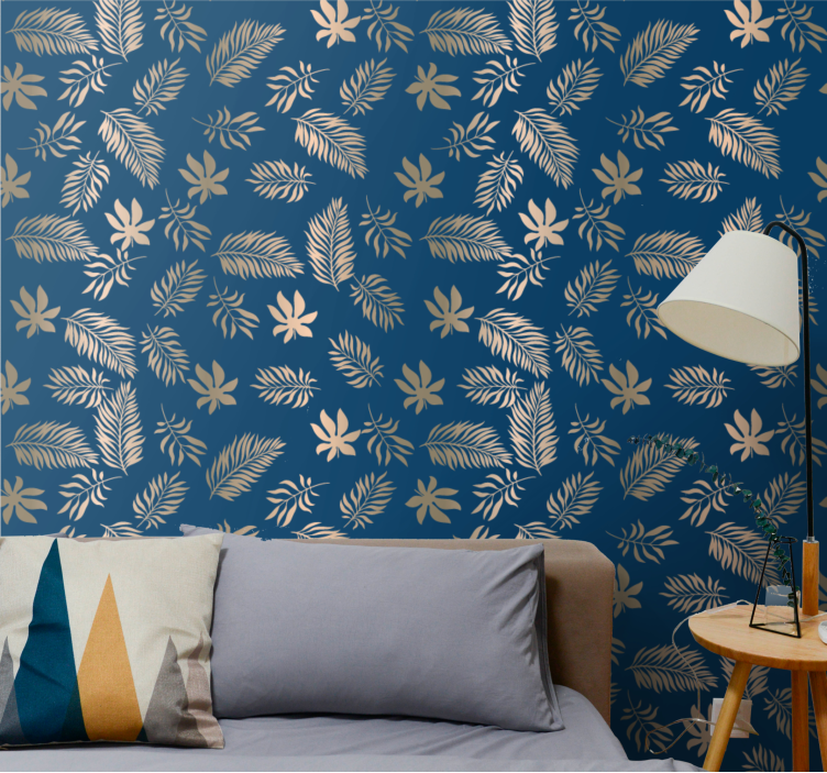 Golden pattern on navy background leaves wallpaper - TenStickers