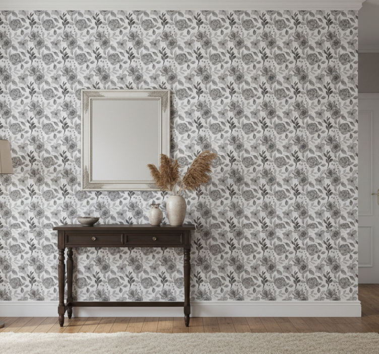 Hallway wallpaper elegant gray florals - TenStickers