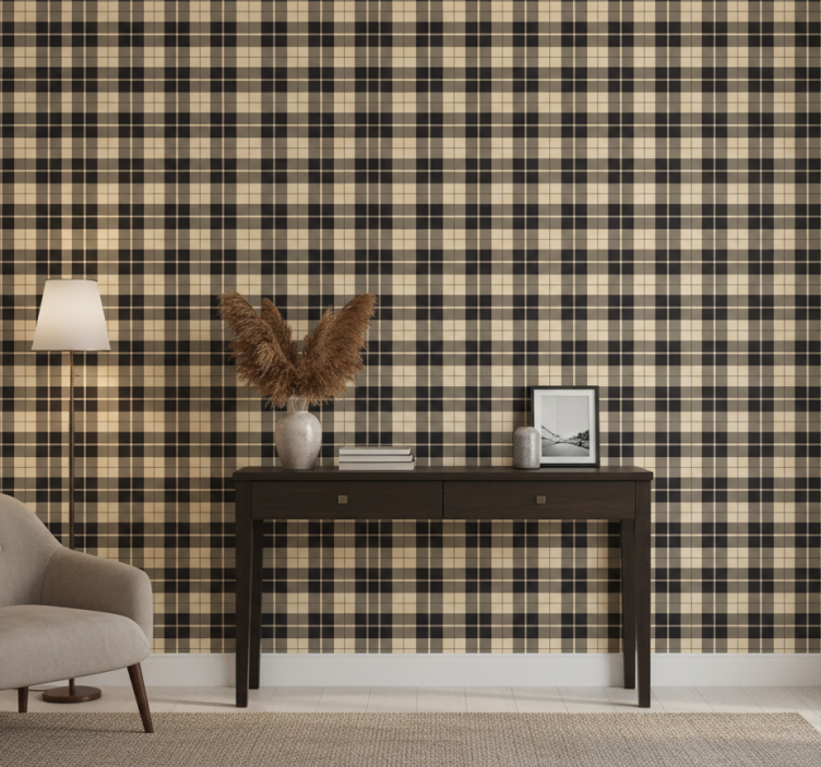Hallway wallpaper in beige patterned squares with black lines - TenStickers
