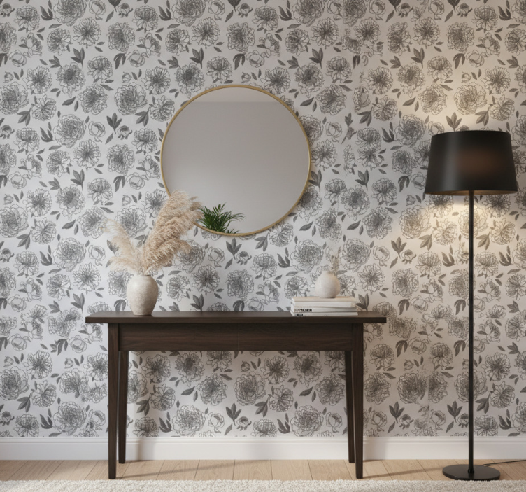 Hallway wallpaper monochrome peony design - TenStickers
