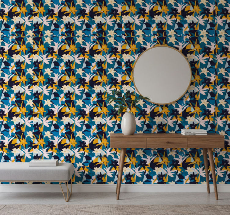 Hallway wallpaper white lilies on blue background - TenStickers