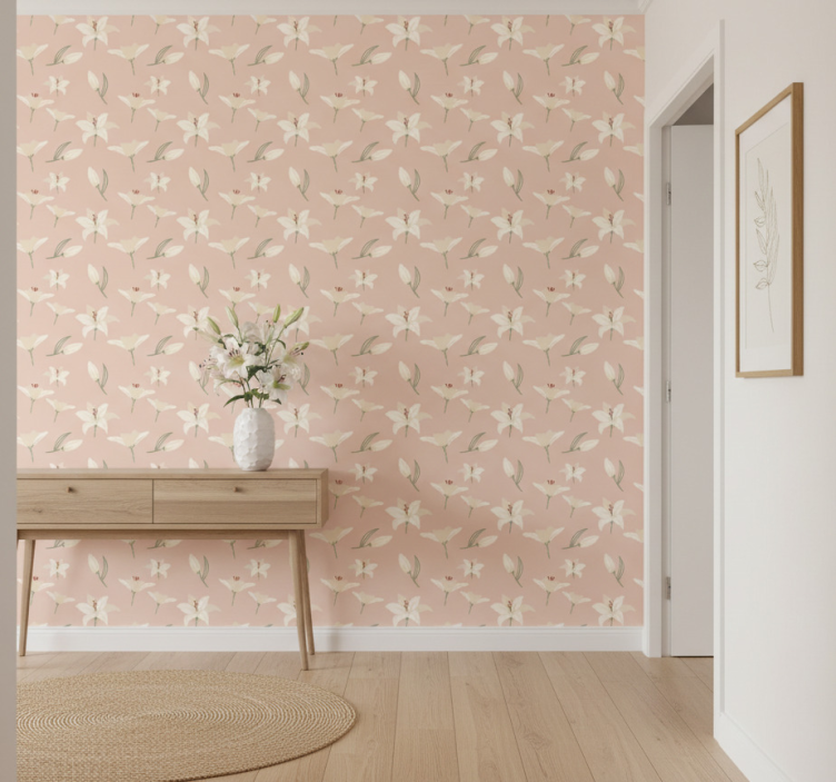 Hallway wallpaper white lily floral pattern on nude - TenStickers
