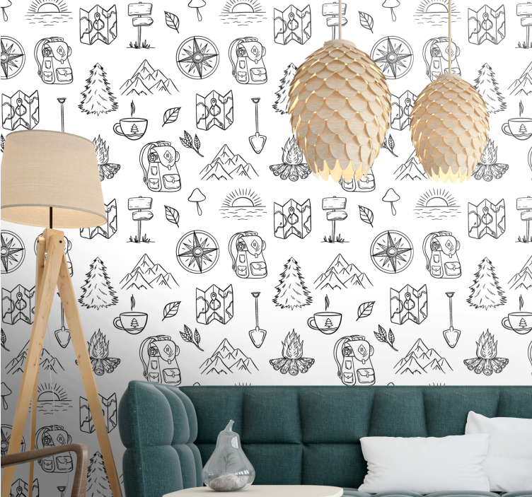 Hand drawn compass, mountains, Jungle wallpaper - TenStickers