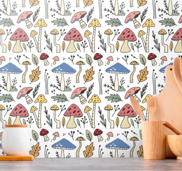 Hand drawn mushrooms pattern kitchen wallpaper - TenStickers