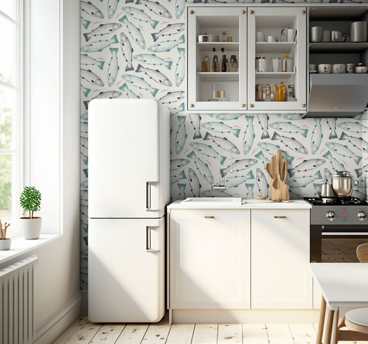 Hand drawn salmon fish pattern animal kitchen wallpaper - TenStickers