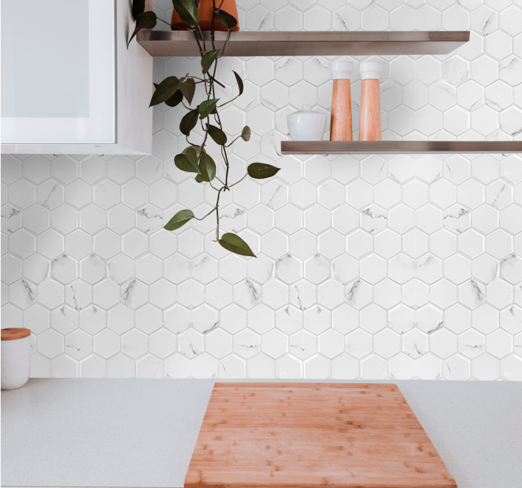 Hexagon white pattern marble effect wallpaper - TenStickers