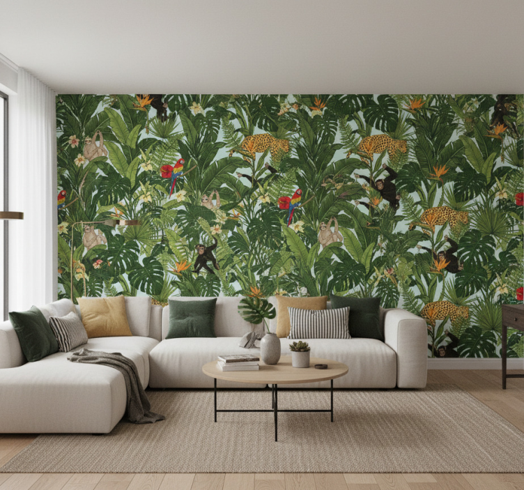 Jungle themed wallpaper featuring animals and tropics - TenStickers