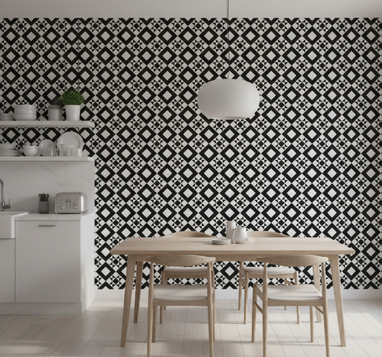 Kitchen wallpaper black and white geometric tile - TenStickers