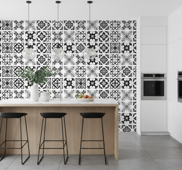 Kitchen wallpaper black and white tiles design - TenStickers