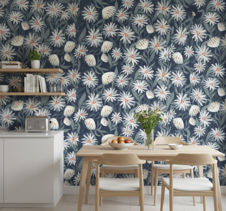 Kitchen wallpaper blue background daisy flowers - TenStickers