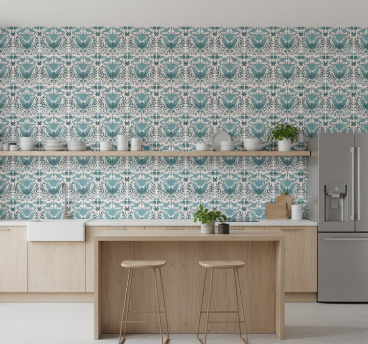 Kitchen wallpaper blue folk art pattern with birds - TenStickers