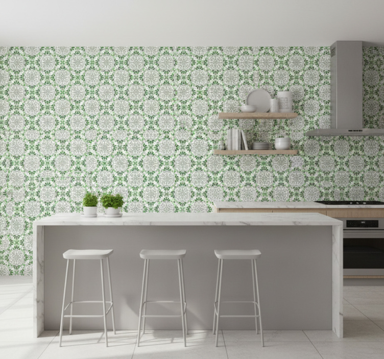Kitchen wallpaper green floral mosaic - TenStickers