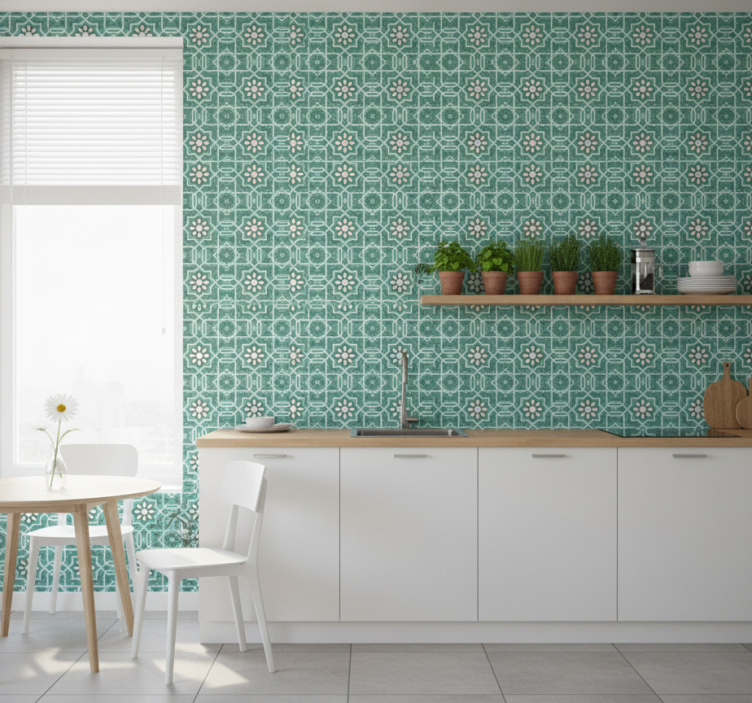Kitchen wallpaper green floral tiles design - TenStickers