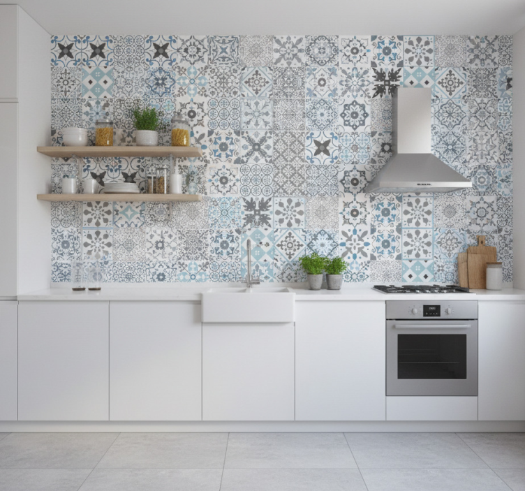 Kitchen wallpaper in blue mosaic design - TenStickers