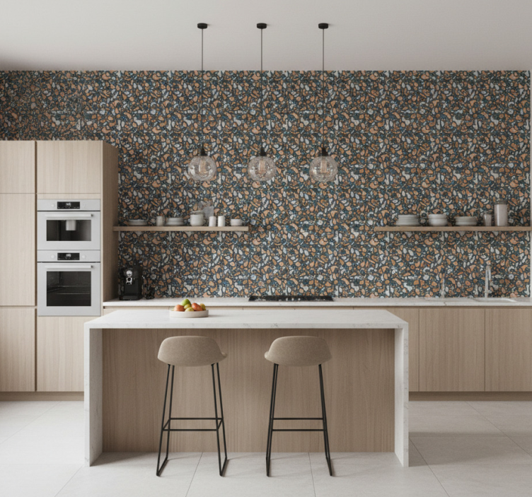Kitchen wallpaper in brown and blue terrazzo - TenStickers