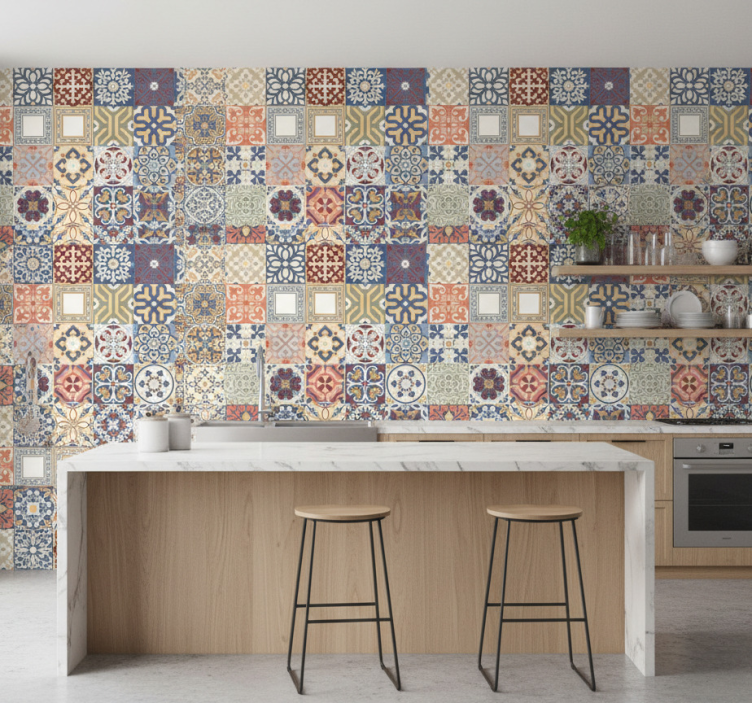 Kitchen wallpaper in multicolor hydraulic design - TenStickers