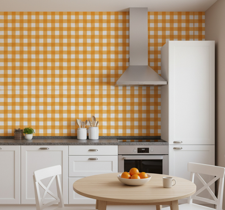 Kitchen wallpaper in orange checkered pattern - TenStickers