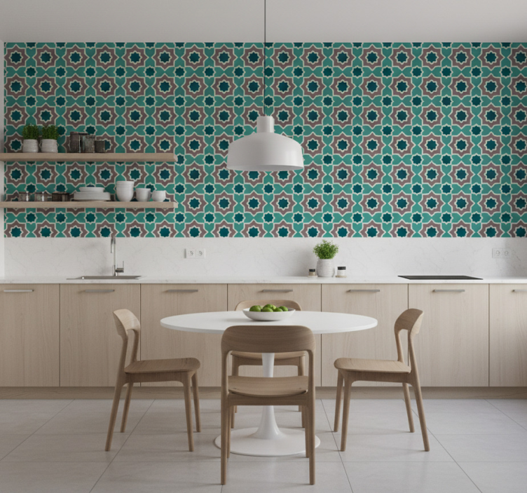 Kitchen wallpaper in turquoise and green shapes - TenStickers