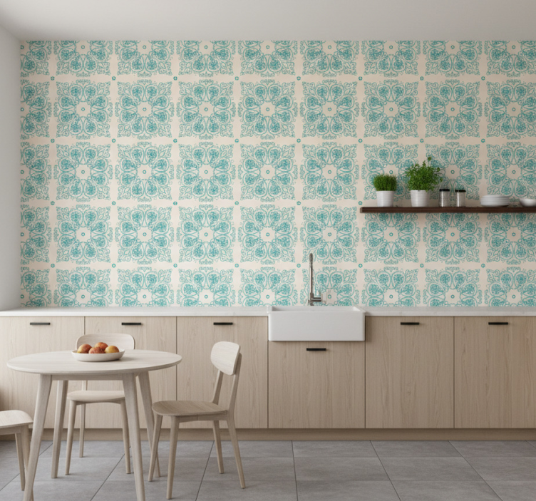 Kitchen wallpaper in turquoise tile design - TenStickers
