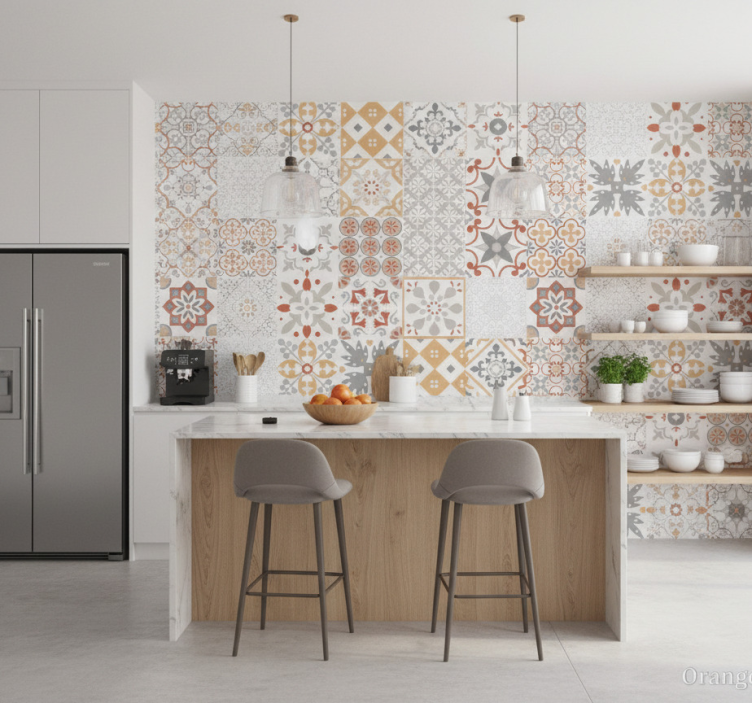 Kitchen wallpaper orange mosaic - TenStickers