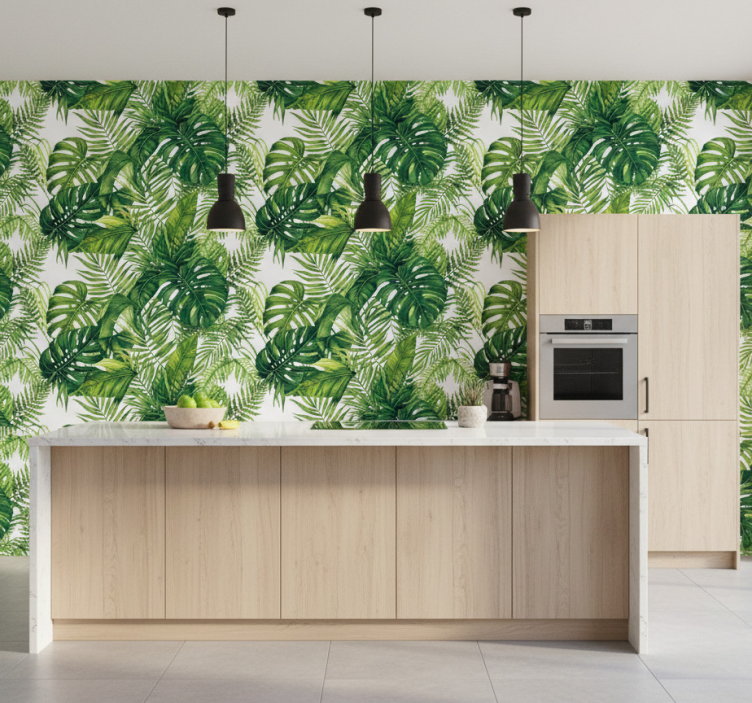 Kitchen wallpaper rainforest green leaves - TenStickers