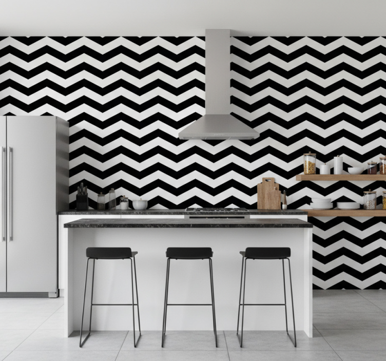 Kitchen wallpaper white and black chevron pattern - TenStickers