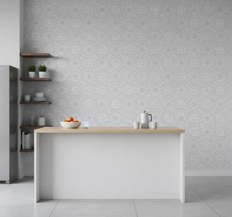 Kitchen wallpaper white grey floral shapes - TenStickers