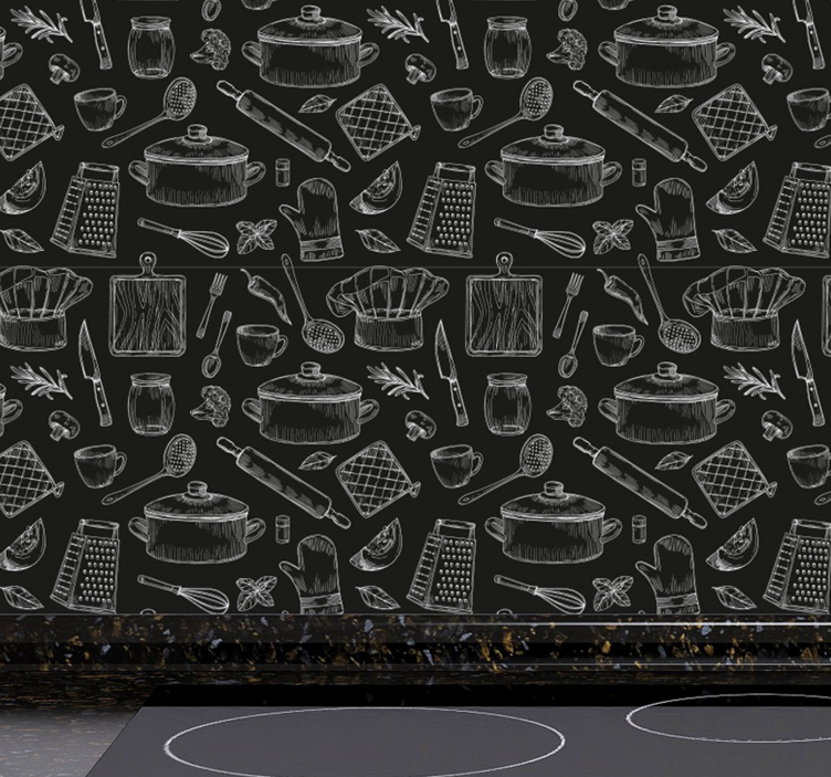 Kitchen wallpaper with kitchen utensil sketches - TenStickers