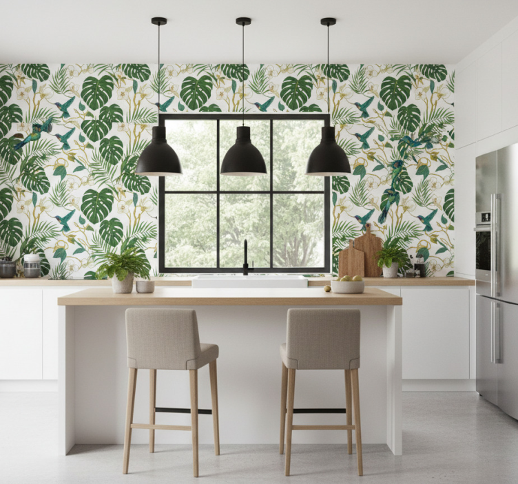 Leaves wallpaper emerald botanical garden - TenStickers