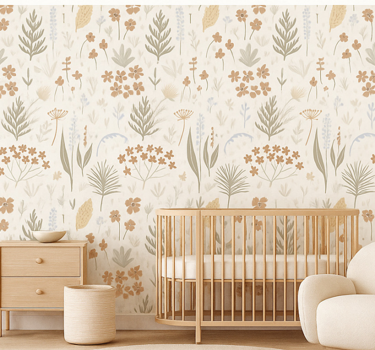 Leaves wallpaper in earth tone wildflowers - TenStickers