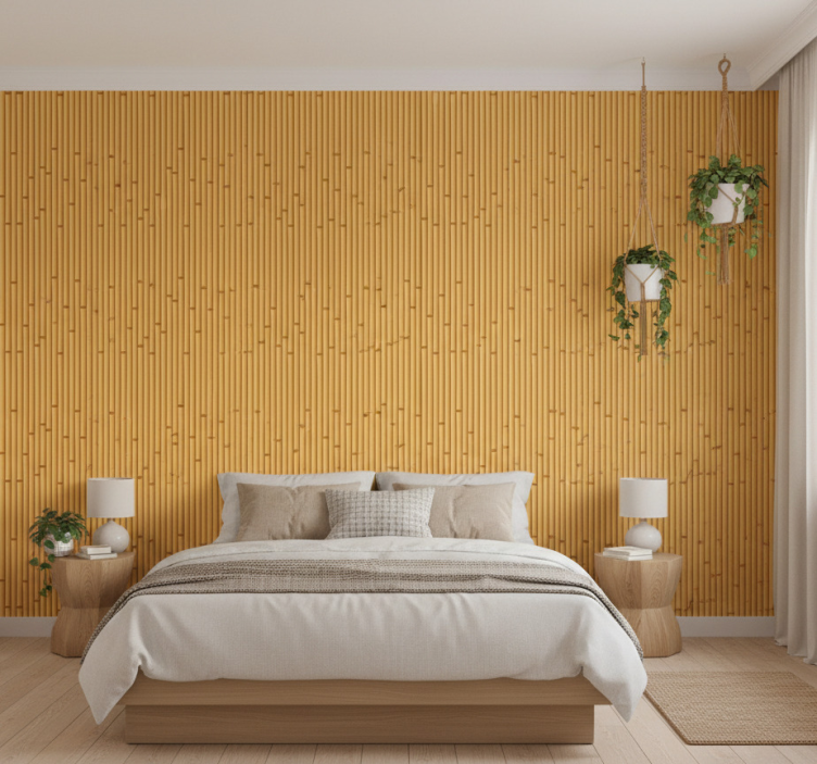 Master bedroom wallpaper bamboo effect japandi design - TenStickers