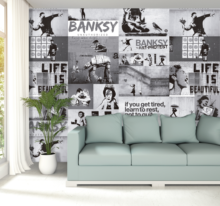 Art wallpaper Banksy - grey collage - TenStickers