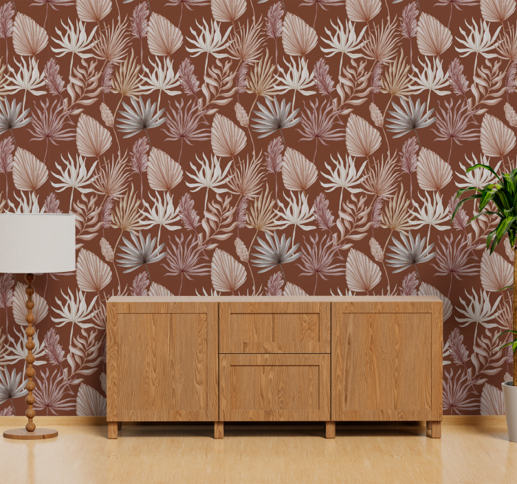 Monstera leaves Terracotta colour wallpaper - TenStickers