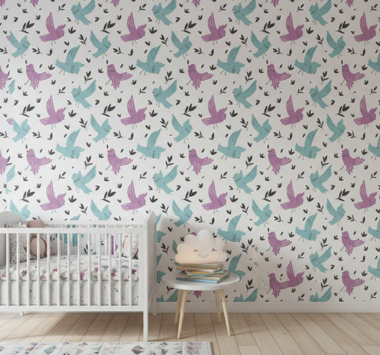 Nature wallpaper blue and purple birds design - TenStickers