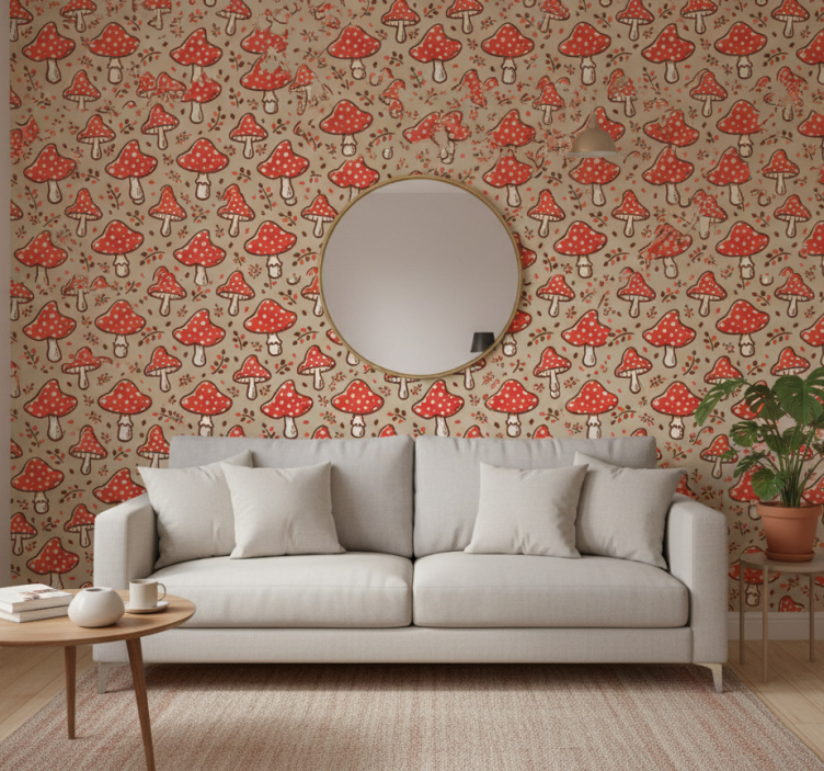 Nature wallpaper featuring common mushrooms on beige - TenStickers