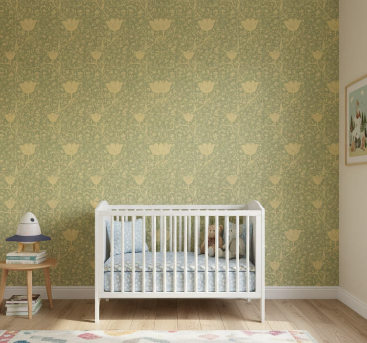 Nature wallpaper gold and green subtle floral pattern - TenStickers