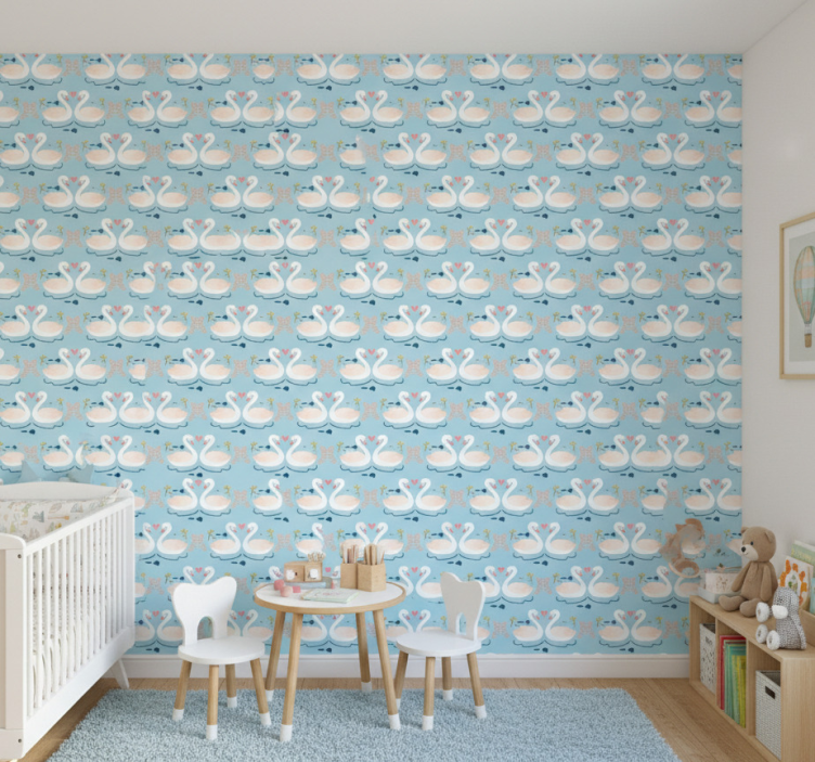 Nature wallpaper swans in love pattern on blue - TenStickers