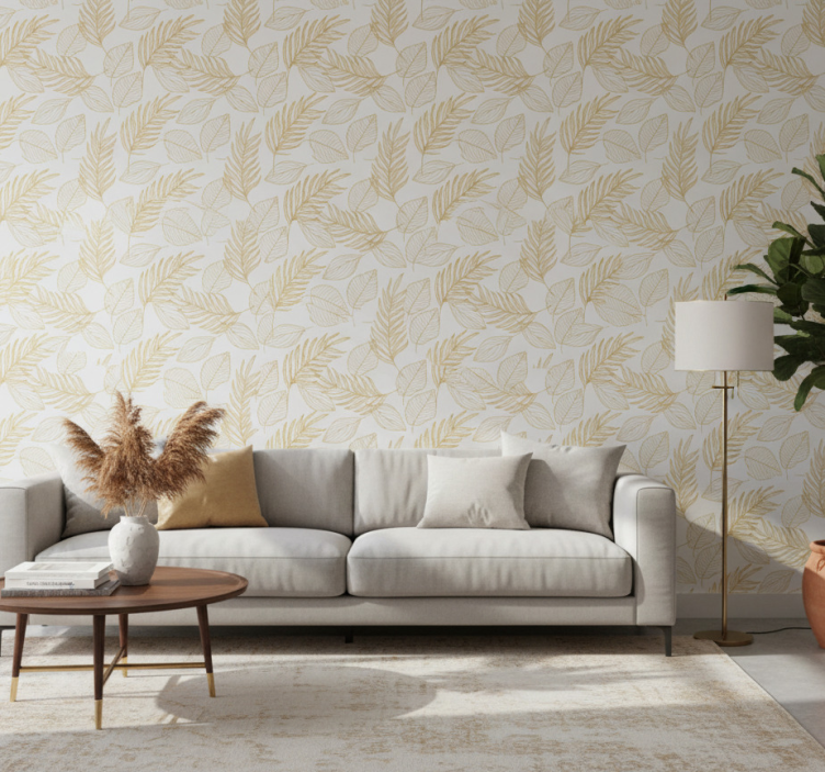 Nature wallpaper in white with golden leaves - TenStickers