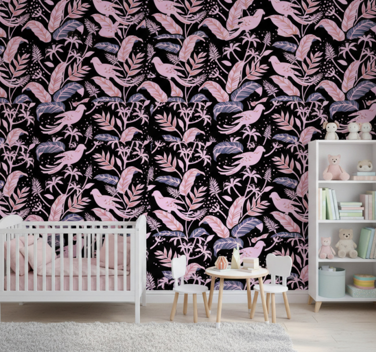 Nature wallpaper with black and pink birds on leaves - TenStickers